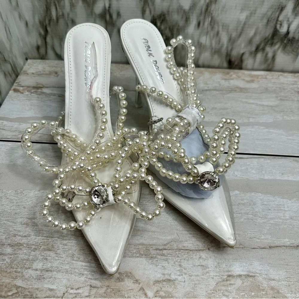 Public Desire White Pearl Stiletto Heels Shimmer Sparkly Wedding Cinderella - Picture 13 of 14